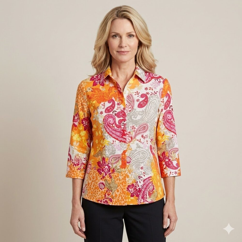 Chico's Size 0 S Paisley Floral Mixed Print Button Down 3/4 Sleeve Shirt NWT
